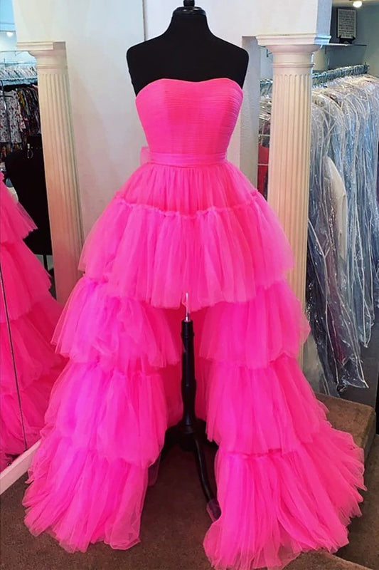 June | A-Line High Low Strapless Tulle Prom Dress with Ruffles