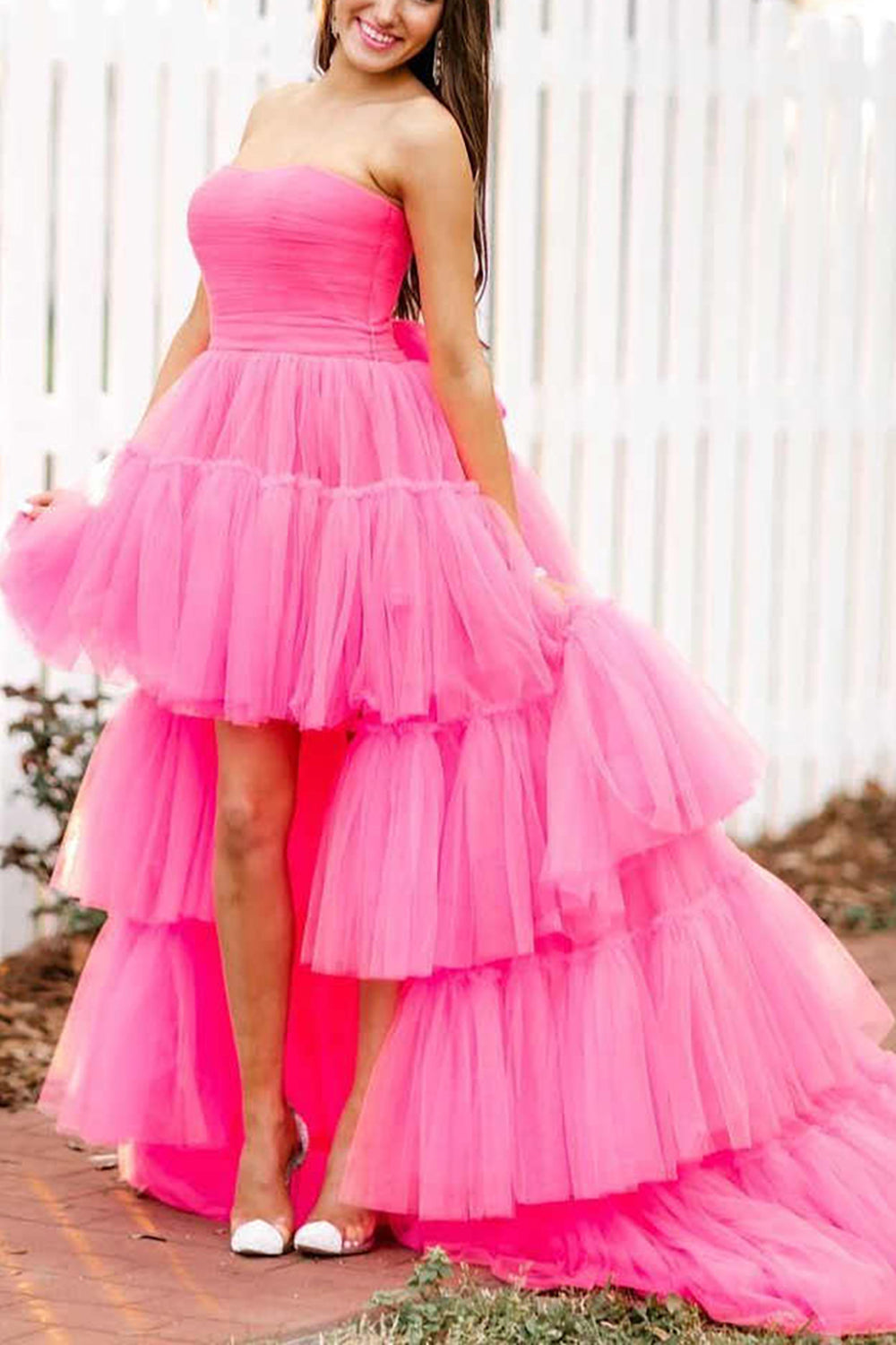 June | A-Line High Low Strapless Tulle Prom Dress with Ruffles