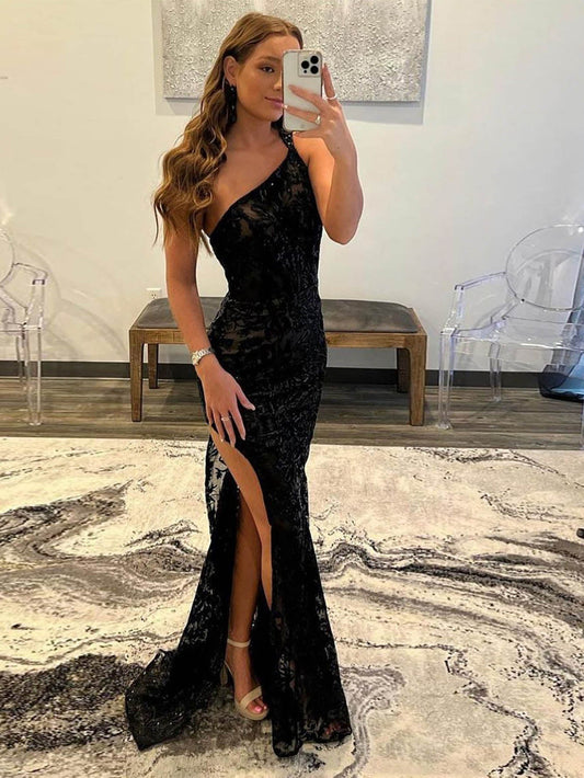 Rosalee | One-Shoulder Lace Mermaid Prom Dress with Slit