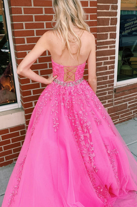 Nyla | Hot Pink A-Line Halter Tulle Prom Dress with Appliques