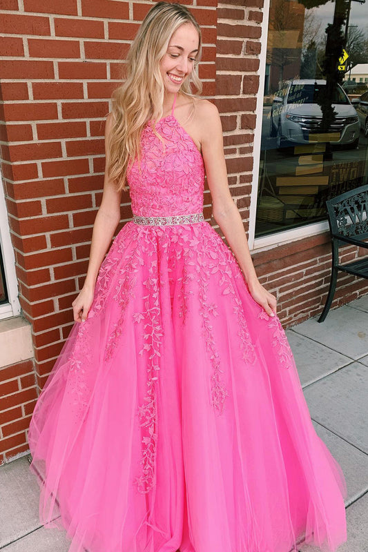 Nyla | Hot Pink A-Line Halter Tulle Prom Dress with Appliques