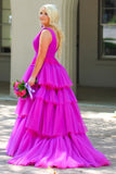 Giana |A-Line V Neck Tiered Tulle Prom Dress