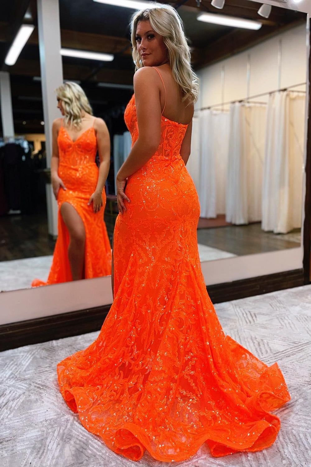 Lakelynn | Sequined Lace Mermaid Prom Dress with Spaghetti Straps