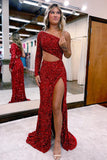 One-Shoulder Red Sequined Sheath Prom Dress with Slit