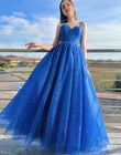 Tracy | Sparkly Royal Blue A-Line Spaghetti Strap Long Prom Dress