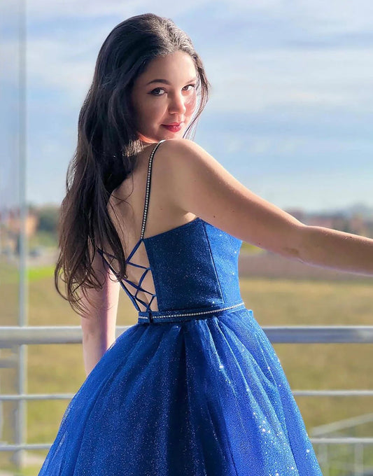 Tracy | Sparkly Royal Blue A-Line Spaghetti Strap Long Prom Dress