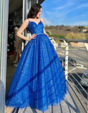 Tracy | Sparkly Royal Blue A-Line Spaghetti Strap Long Prom Dress