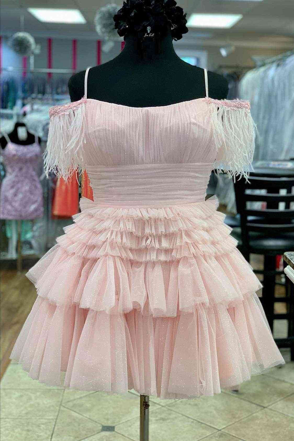 Thea |A Line Pink Glitter Tulle Homecoming Dress with Feather