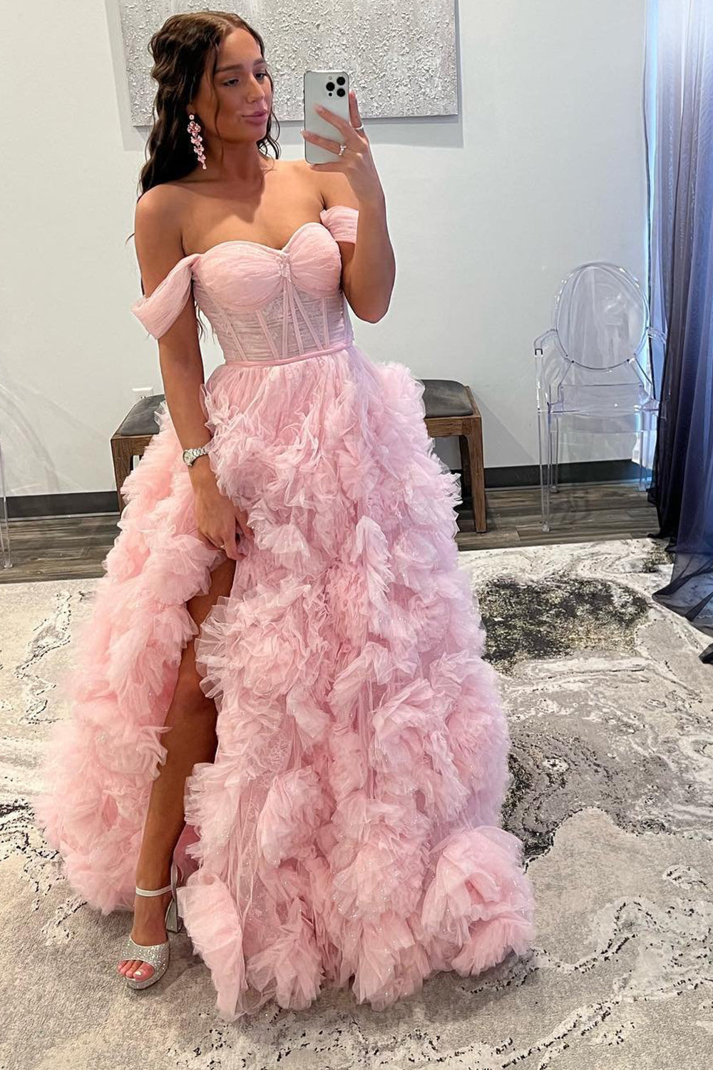 Kenia | A-Line Off-the-Shoulder Ruffled Tulle Prom Dress with Slit