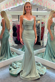 Serena | Charming Mermaid Scoop Neck Green Satin Long Prom Dress