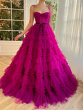 Blair | Vibrant A-Line Strapless Fuchsia Tiered Long Tulle Prom Dress