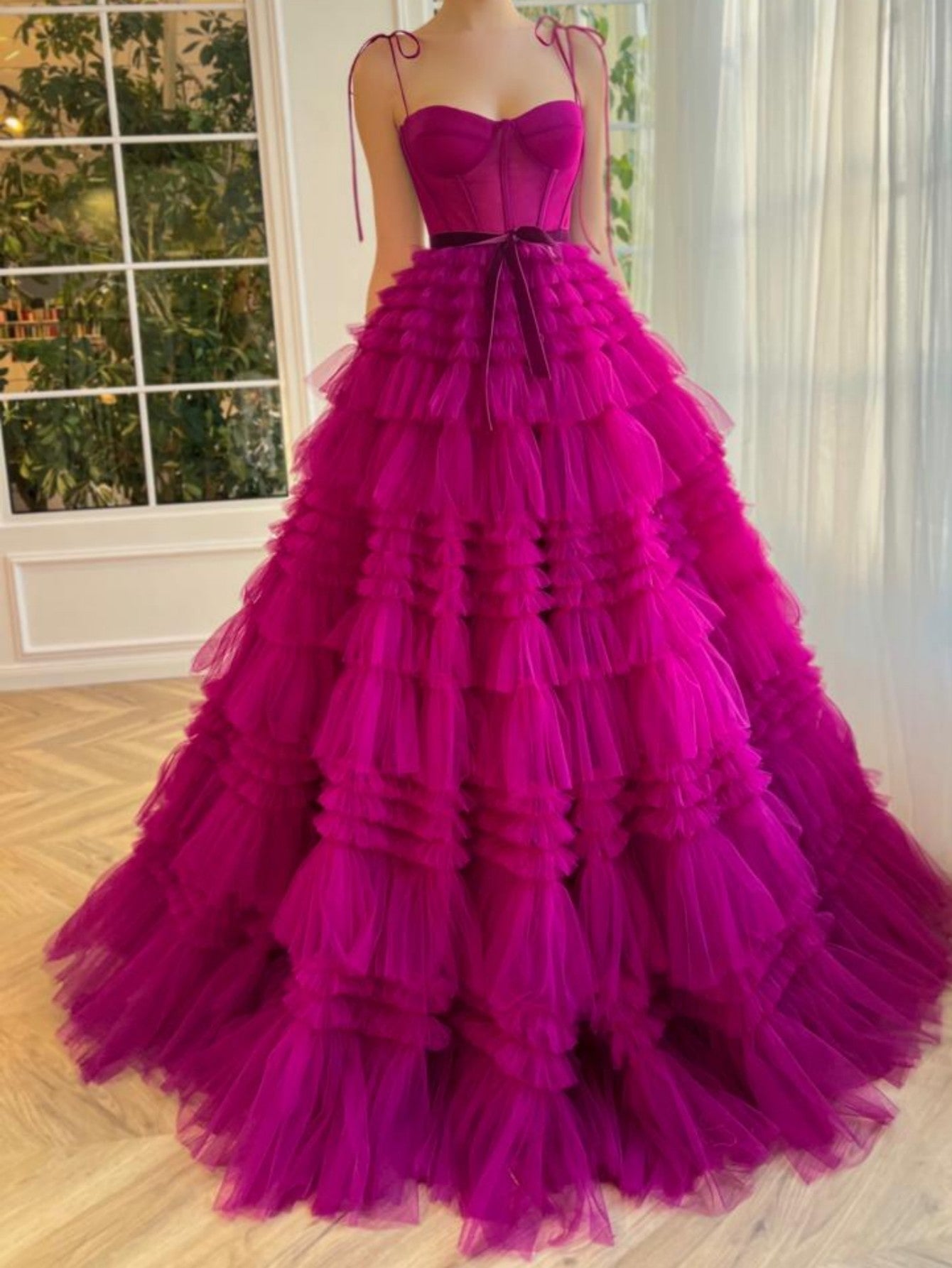 Blair | Vibrant A-Line Strapless Fuchsia Tiered Long Tulle Prom Dress