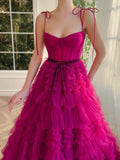 Blair | Vibrant A-Line Strapless Fuchsia Tiered Long Tulle Prom Dress