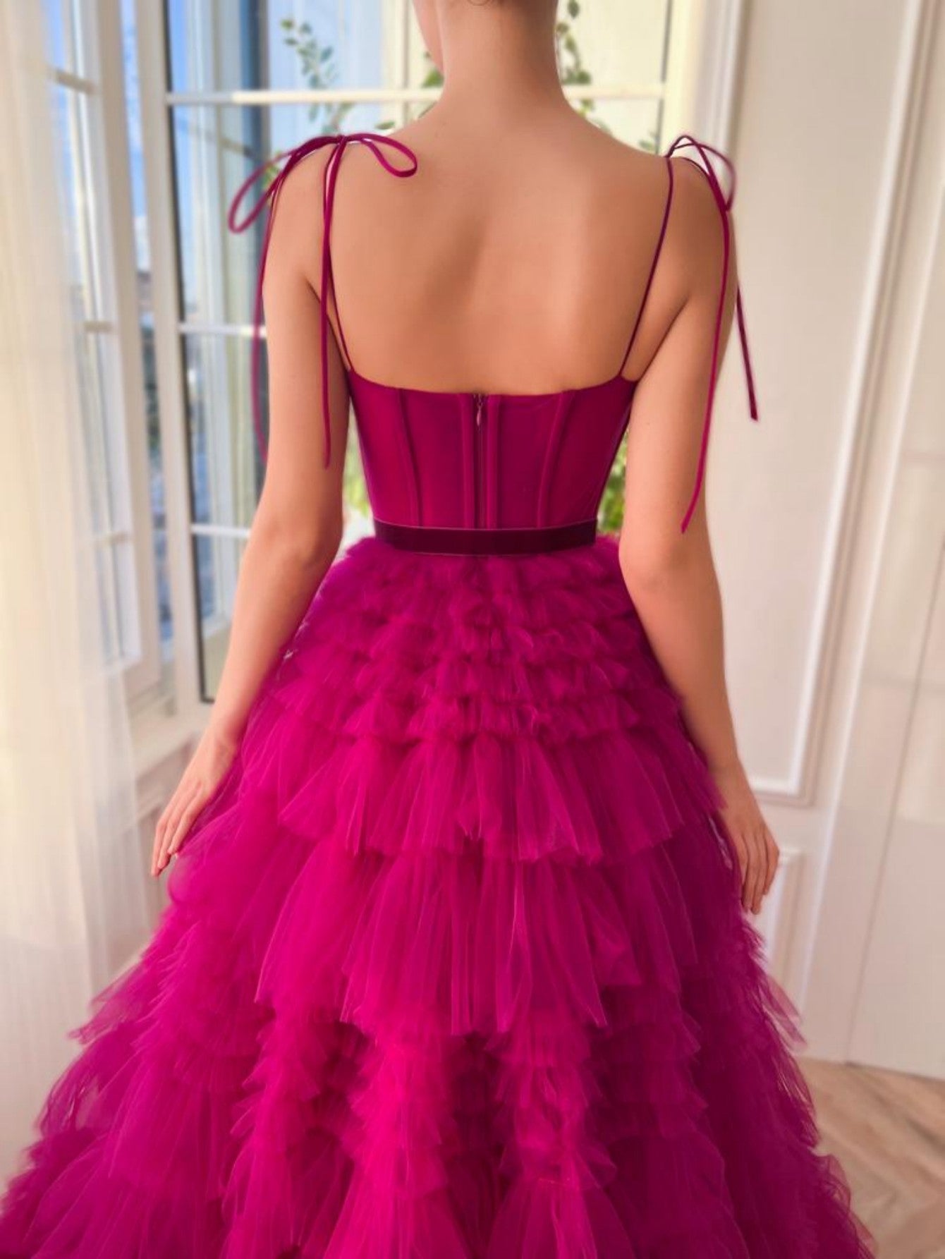 Blair | Vibrant A-Line Strapless Fuchsia Tiered Long Tulle Prom Dress