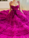 Blair | Vibrant A-Line Strapless Fuchsia Tiered Long Tulle Prom Dress