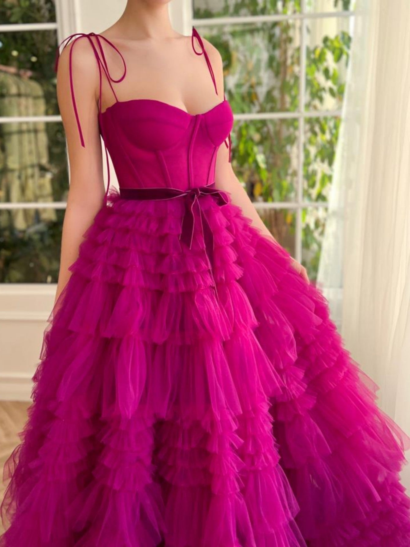 Blair | Vibrant A-Line Strapless Fuchsia Tiered Long Tulle Prom Dress