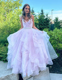 Salem | A-Line Tulle Prom Dress with V-Neck, Ruffles, and Belt