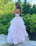 Salem | A-Line Tulle Prom Dress with V-Neck, Ruffles, and Belt