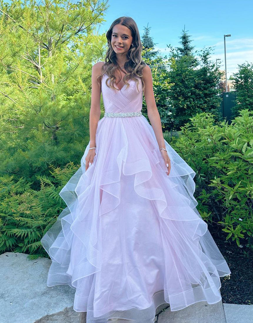 Salem | A-Line Tulle Prom Dress with V-Neck, Ruffles, and Belt