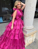 Cute Ball Gown V Neck Tie Straps Pink Tiered Organza Long Prom Dress