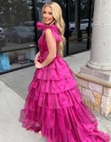 Cute Ball Gown V Neck Tie Straps Pink Tiered Organza Long Prom Dress