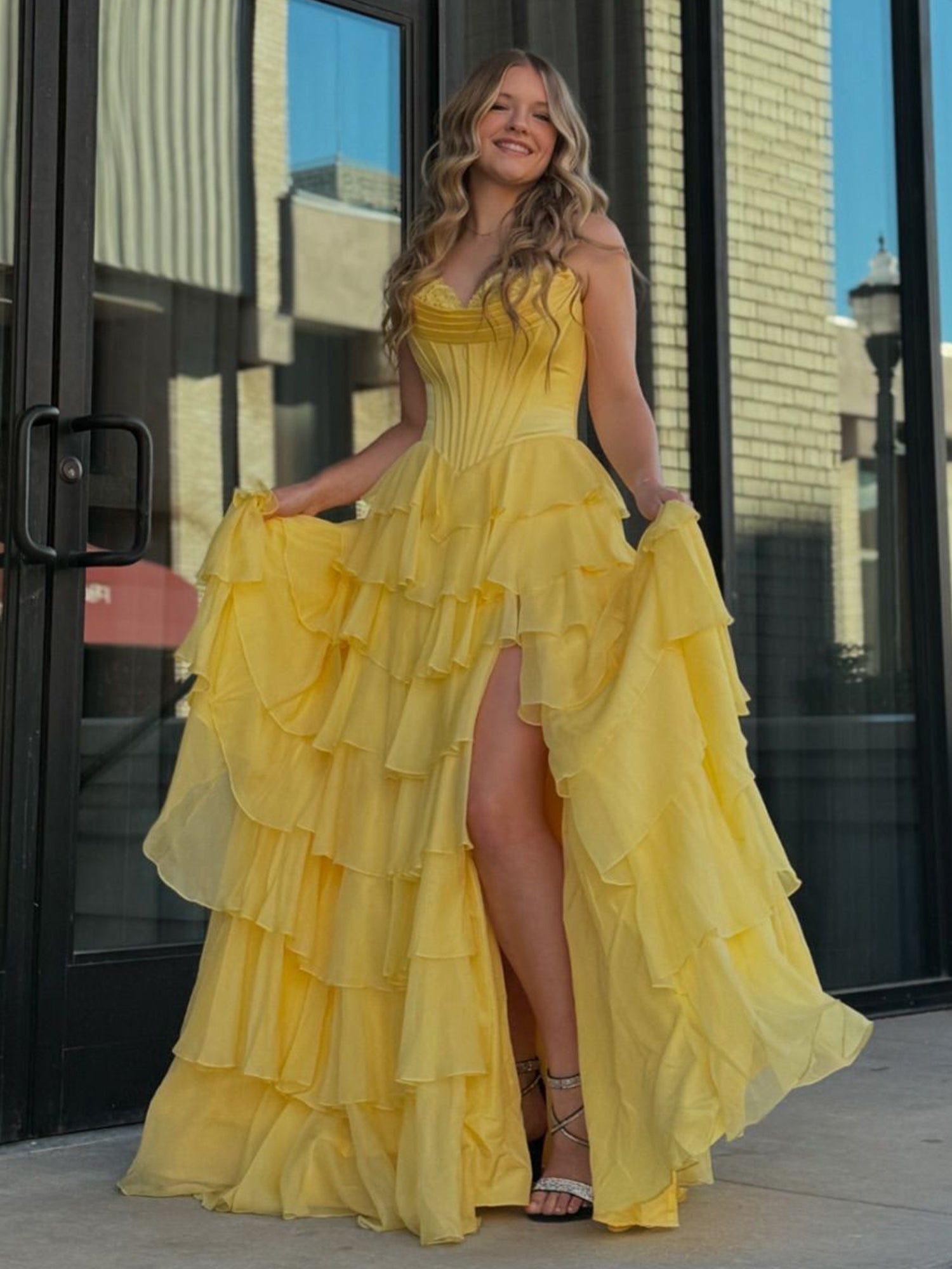 Cute Yellow Sweetheart A-Line Ruffle Chiffon Tiered Long Prom Dress With Split