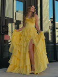 Cute Yellow Sweetheart A-Line Ruffle Chiffon Tiered Long Prom Dress With Split