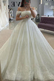 A-Line Glitter Tulle Wedding Dress with Detachable Off-Shoulder Empire Bodice