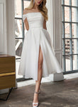 A-Line Off-the-Shoulder Sleeveless Tea-Length Organza Wedding Dress