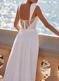 A-Line Square Neckline Sleeveless Chiffon Wedding Dress with High Split