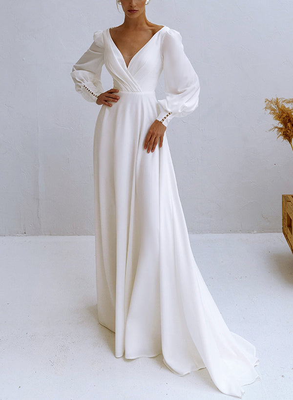 Romantic A-Line V-Neck Long Sleeves Chiffon Wedding Dresses With Beading