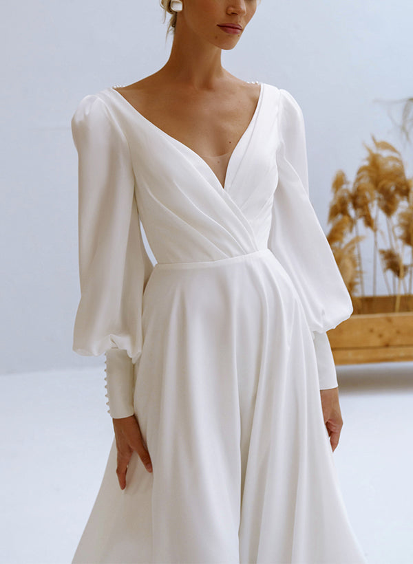 Romantic A-Line V-Neck Long Sleeves Chiffon Wedding Dresses With Beading