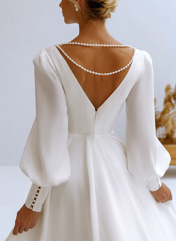 Romantic A-Line V-Neck Long Sleeves Chiffon Wedding Dresses With Beading