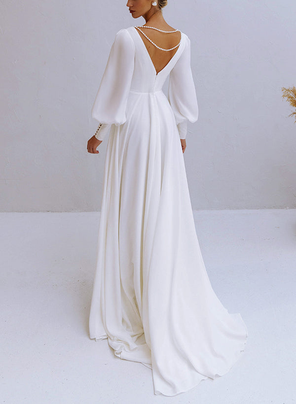 Romantic A-Line V-Neck Long Sleeves Chiffon Wedding Dresses With Beading