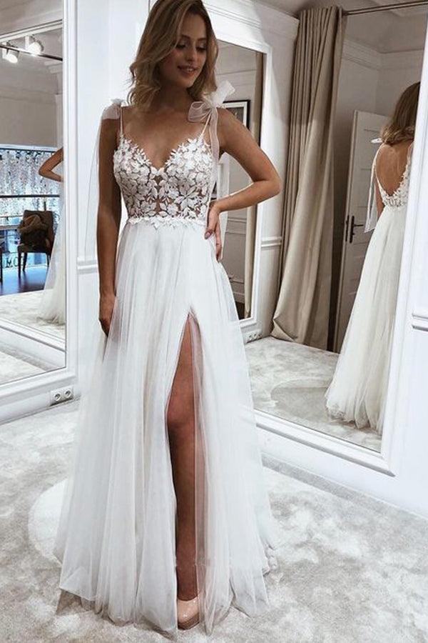 A-Line V-Neck Tulle Wedding Dress with Lace and Split Detail