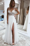 A-Line V-Neck Tulle Wedding Dress with Lace and Split Detail