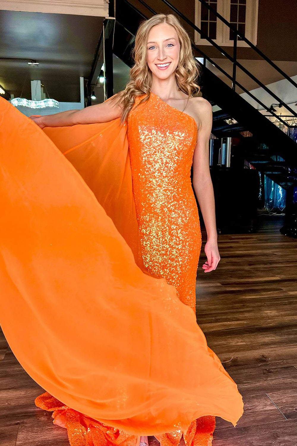 Sparkly Mermaid One Shoulder Orange Sequins Long Prom Dresses with Slit