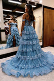 Cute A Line Off the Shoulder Dusty Blue Tiered Tulle Prom Dress with Slit