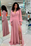 Charming A Line V Neck Chiffon Long Sleeves Wedding Guest Dress