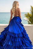 Elegant A-Line Strapless Satin Prom Dress with Chic Tiered Skirt