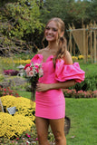 Emilia | Cute Bodycon Off-the-Shoulder Pink Satin Short Homecoming Dress with Ruffled Sleeves