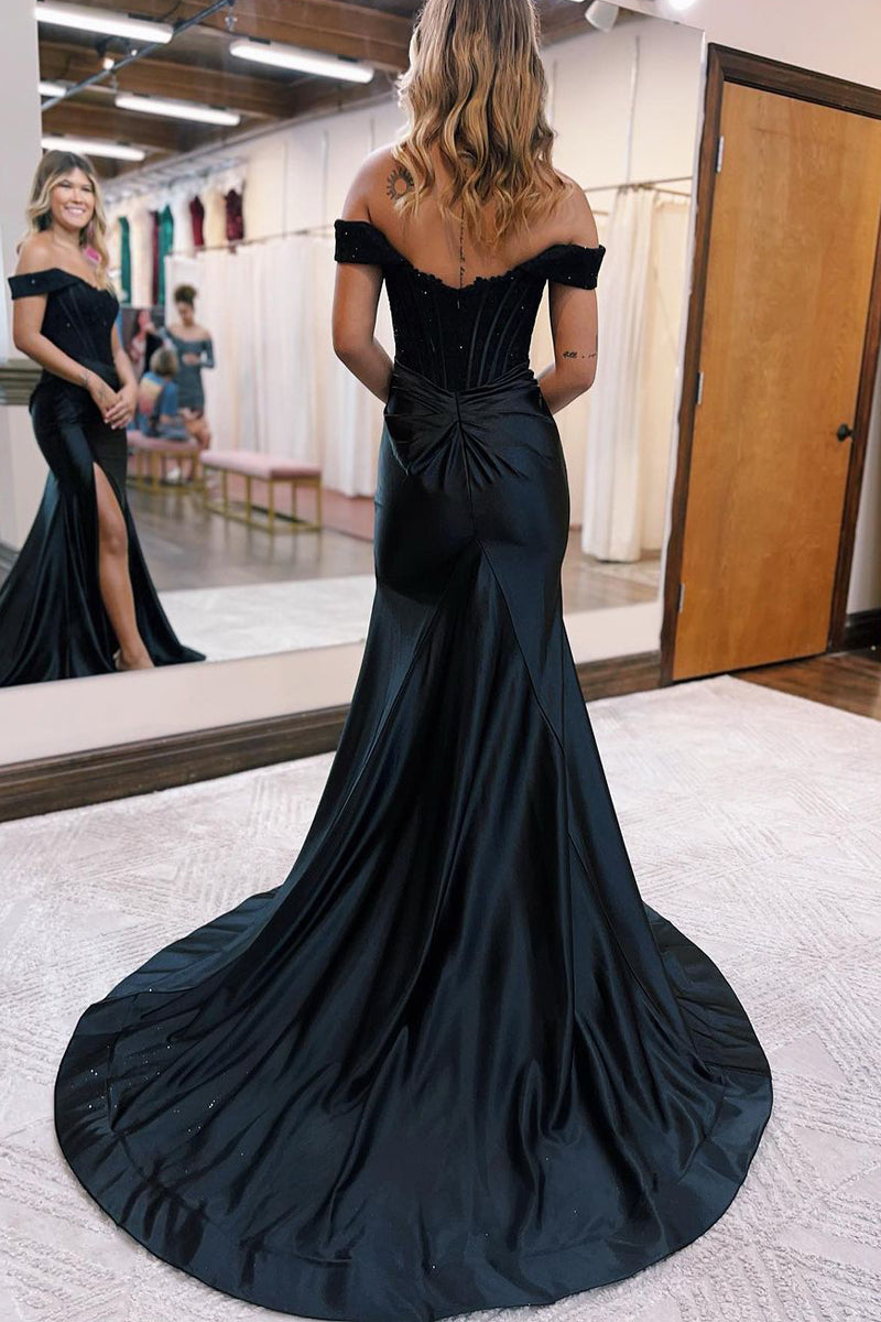 Elegant Mermaid Off-the-Shoulder Dark Green Satin Long Prom Dress with Lace