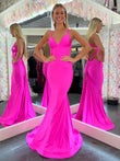 Angela | Pink Satin V-Neck Mermaid Prom Dress with Open Back