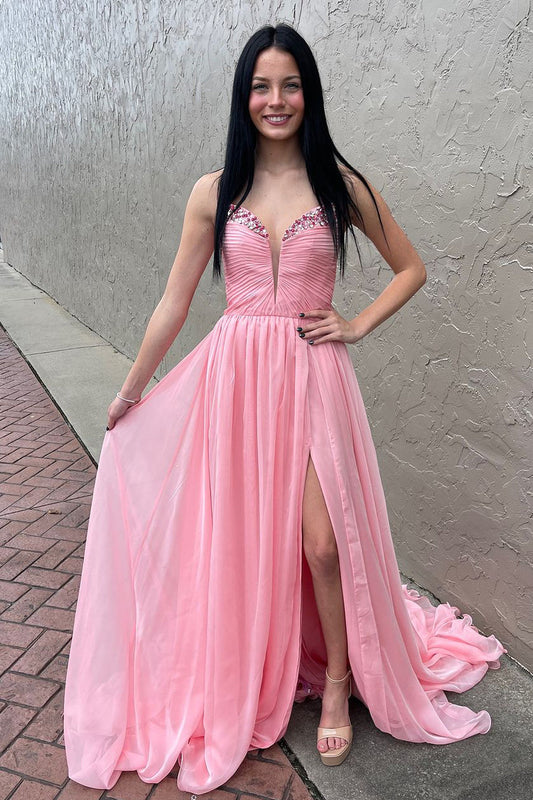 Cute Mermaid V Neck Pink Chiffon Long Prom Dresses with Beading