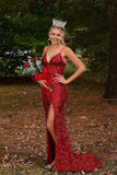Dazzling Mermaid V-Neck Dark Red Sequin Long Prom Dress with Beading