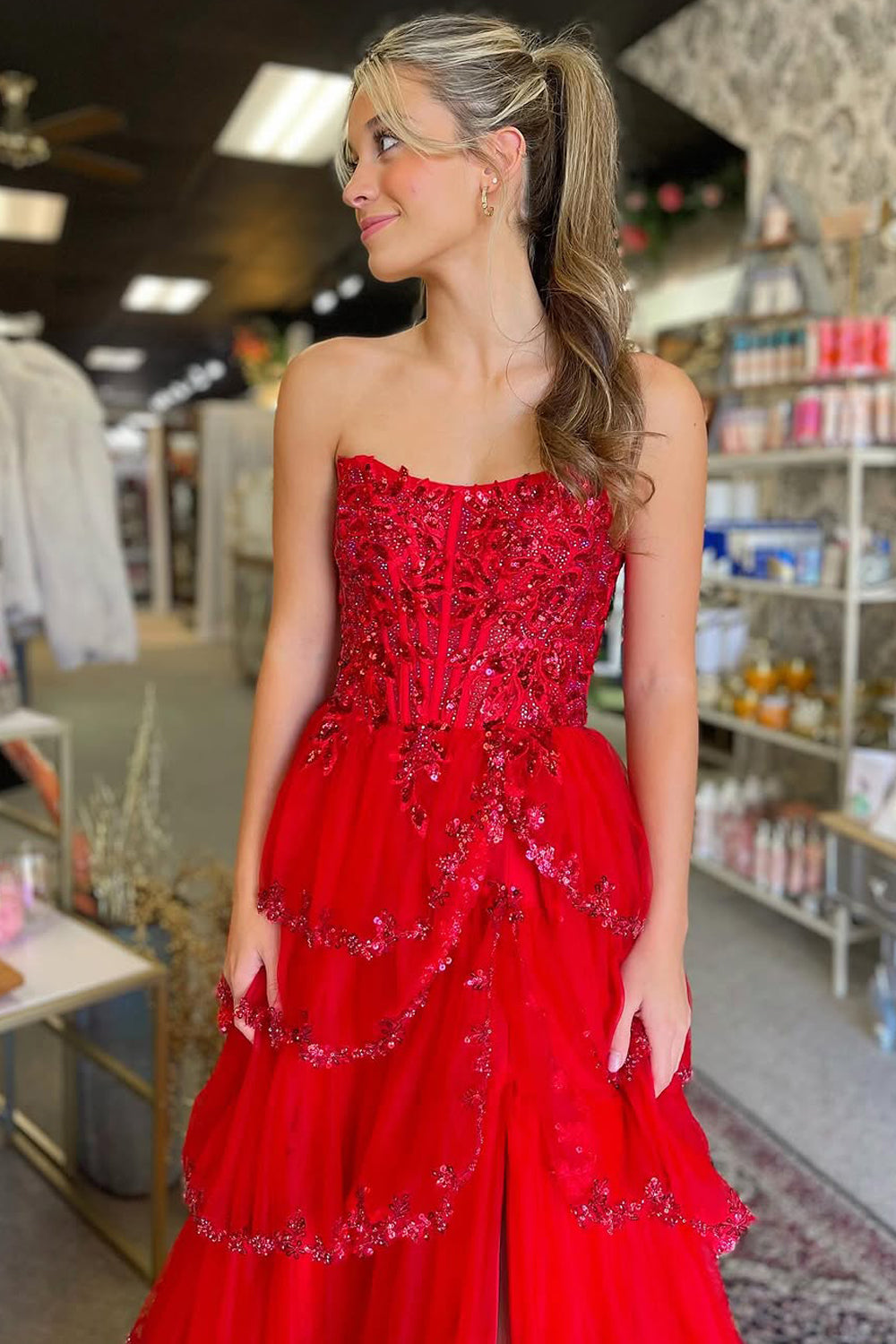 Charm | Cute A-Line Scoop Neck Red Tulle Tiered Prom Dress with Beading