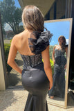 Charming Mermaid Sweetheart Black Satin Prom Dress with Beading