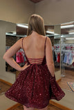 Cute A-Line V-Neck Burgundy Sequin Short Homecoming Dress