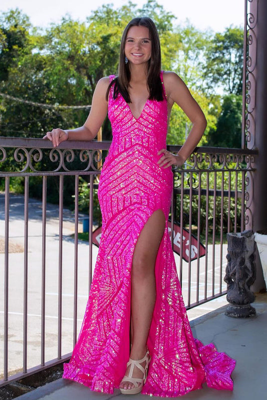 Lila | Charming Mermaid V-Neck Pink Sequins Long Evening Prom Dress