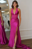 Charming Mermaid V Neck Fuchsia Satin Long Prom Dresses with Slit